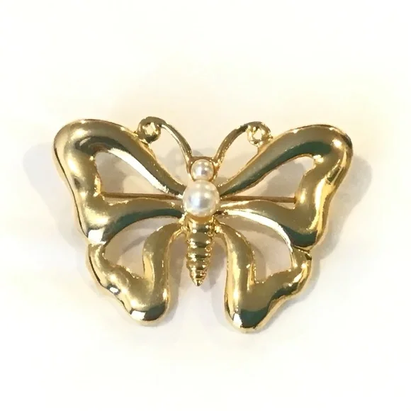 AAi | Jewelry | Vintage Signed Aai Gold Tone Faux Pearl Butterfly